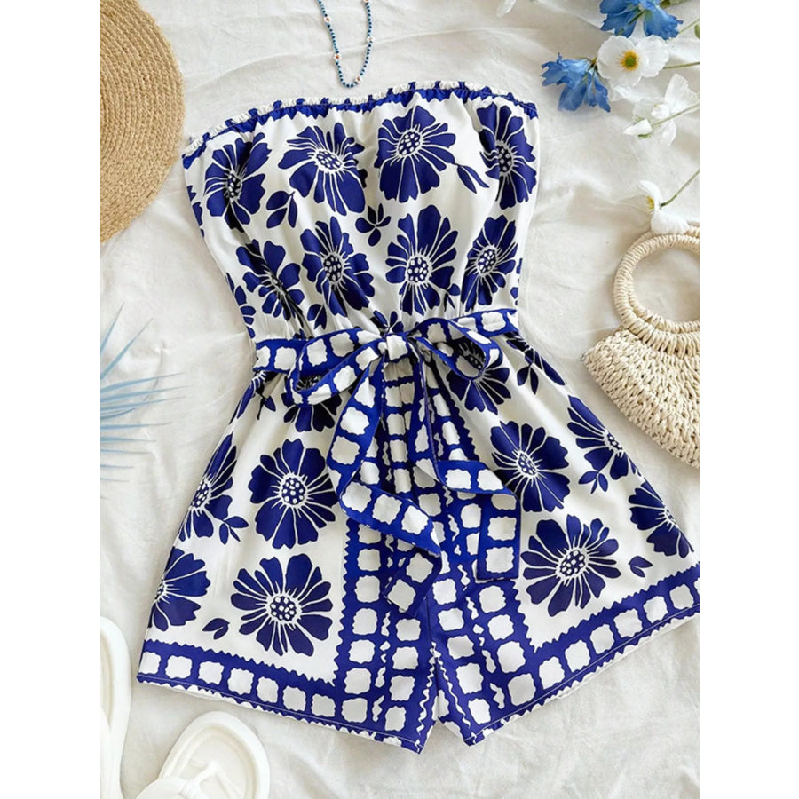Strapless Tie Waist Romper Blue / S Apparel and Accessories