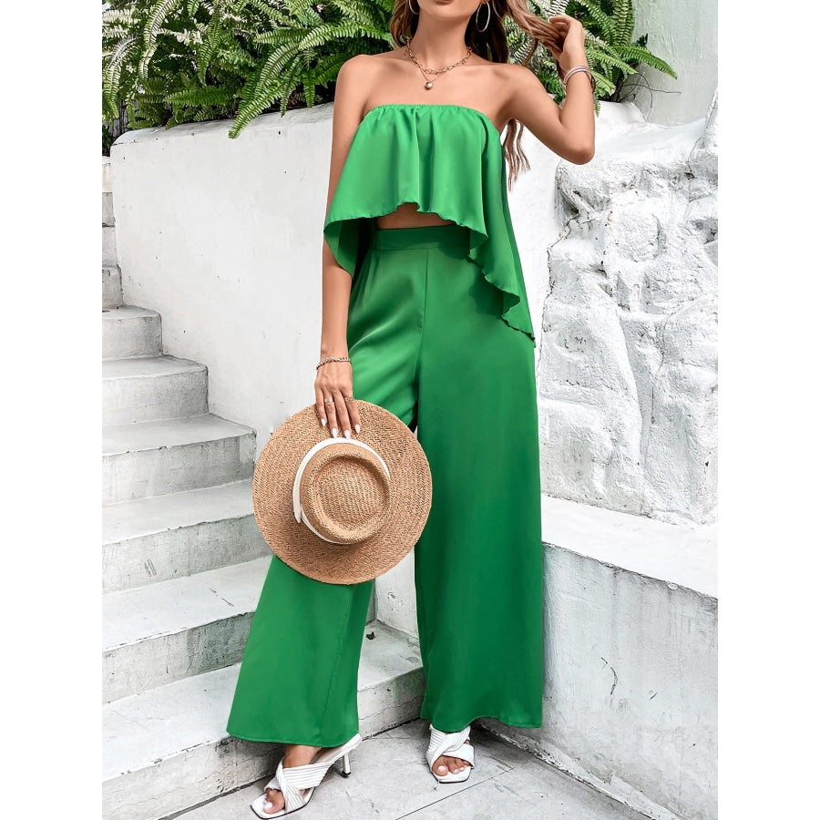 Strapless Top and Wide Leg Pants Set Mid Green / S