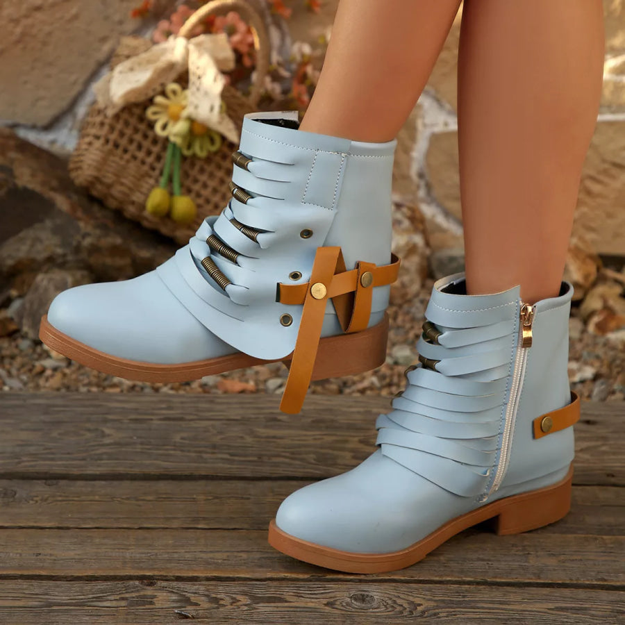 Strappy Buckle Ankle Boots Apparel and Accessories