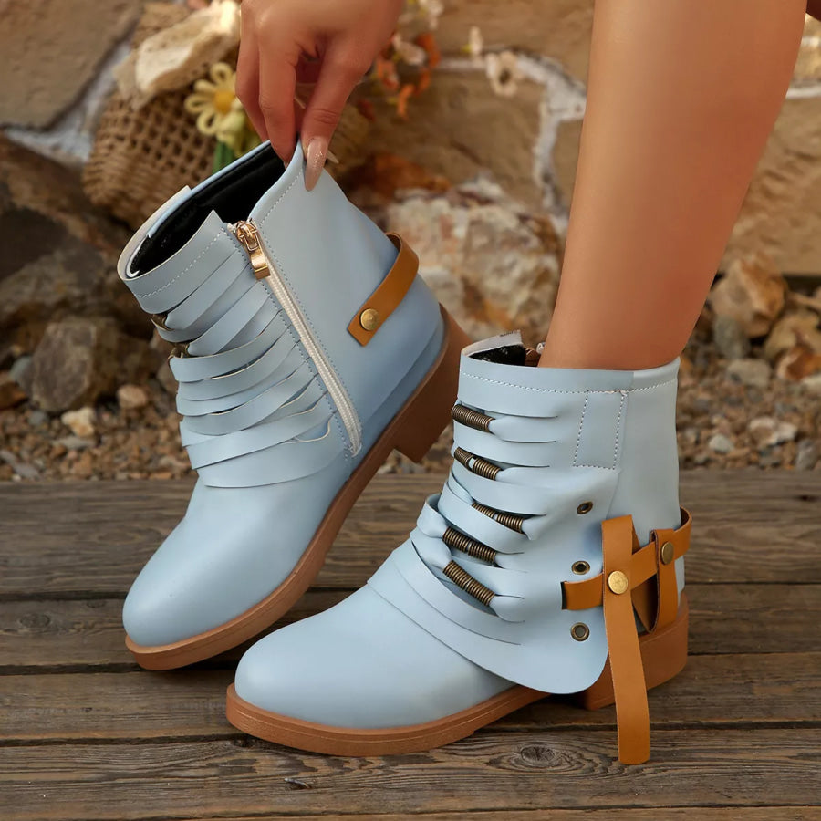 Strappy Buckle Ankle Boots Apparel and Accessories