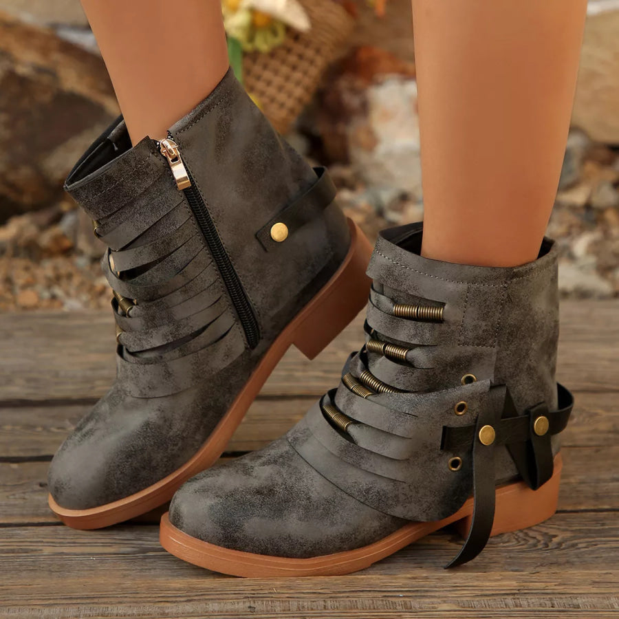 Strappy Buckle Ankle Boots Apparel and Accessories