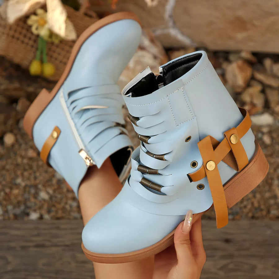 Strappy Buckle Ankle Boots Apparel and Accessories