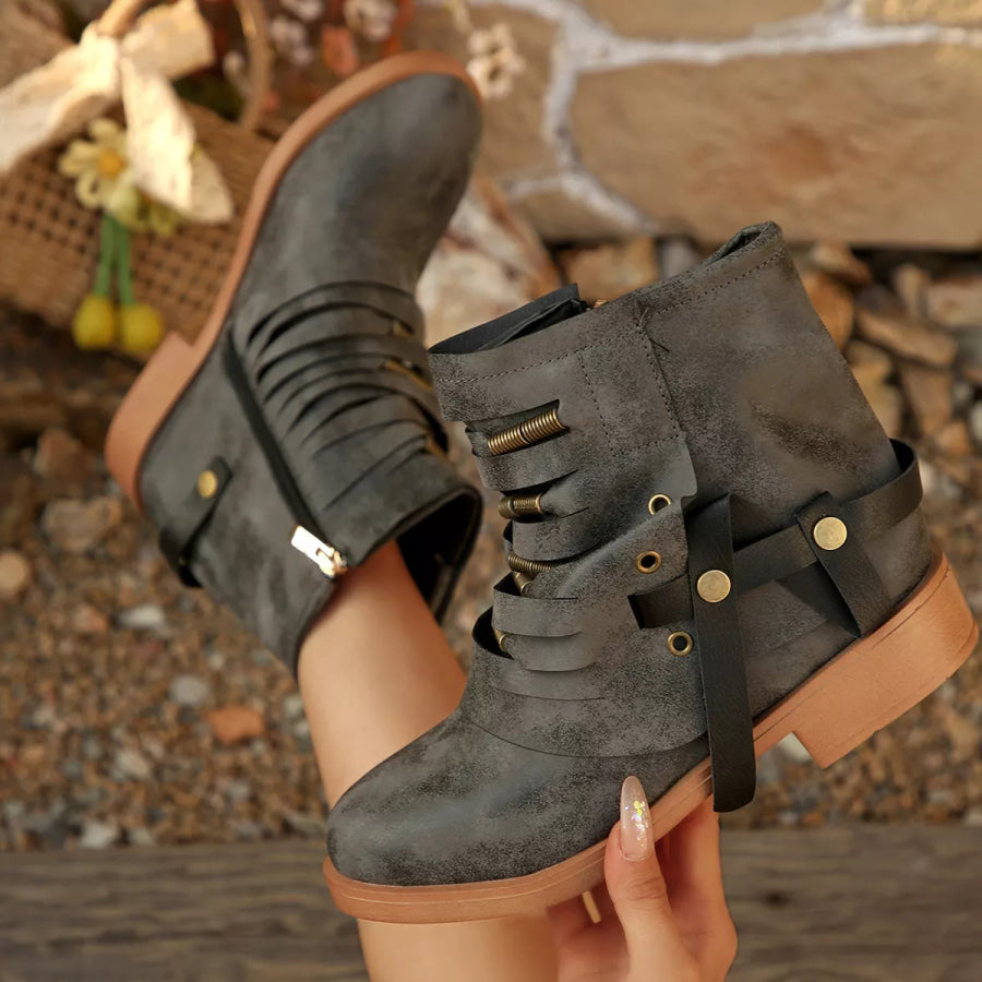 Strappy Buckle Ankle Boots Apparel and Accessories