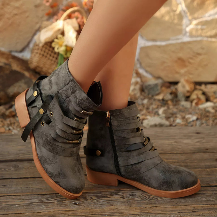 Strappy Buckle Ankle Boots Apparel and Accessories