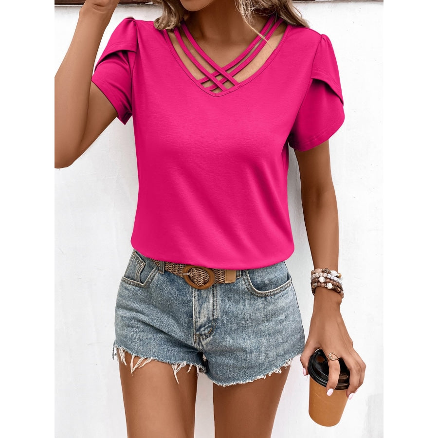 Strappy V-Neck Petal Sleeve Top