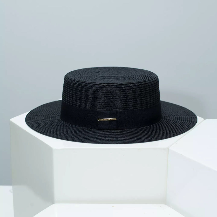 Straw Boater Hat with Band Black / One Size Apparel and Accessories