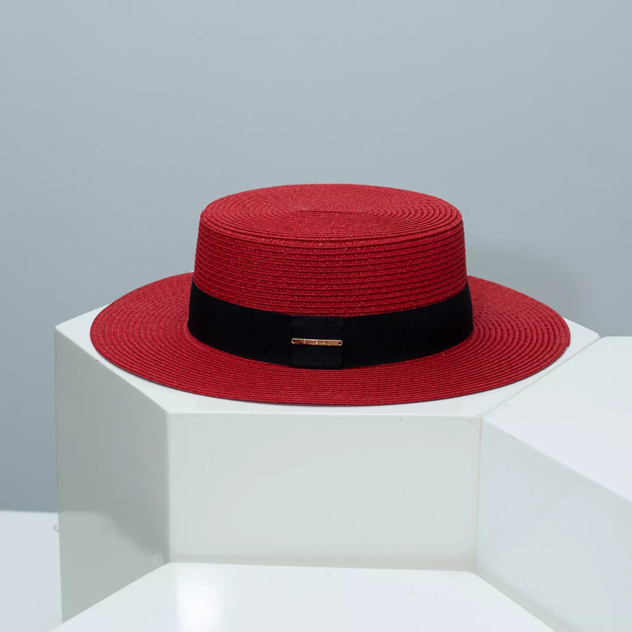 Straw Boater Hat with Band Red / One Size Apparel and Accessories
