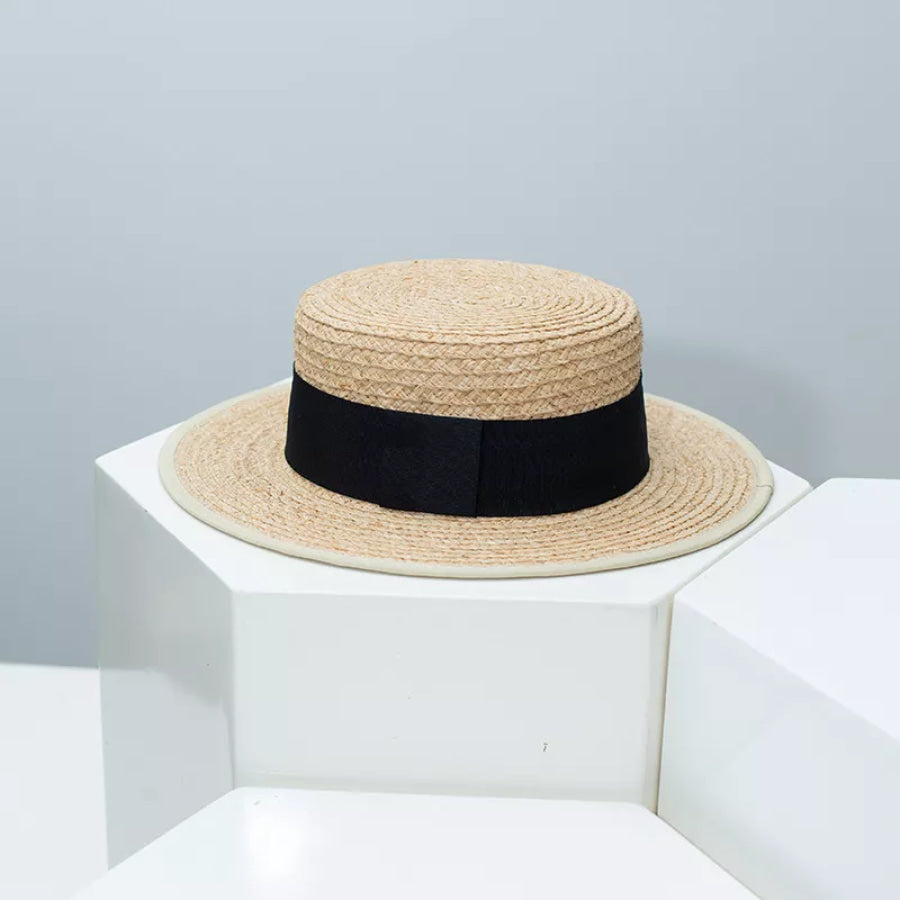Straw Boater Hat with Contrast Band Black / One Size Apparel and Accessories