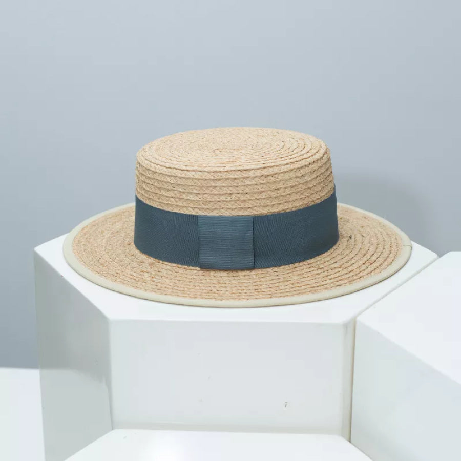 Straw Boater Hat with Contrast Band Blue / One Size Apparel and Accessories