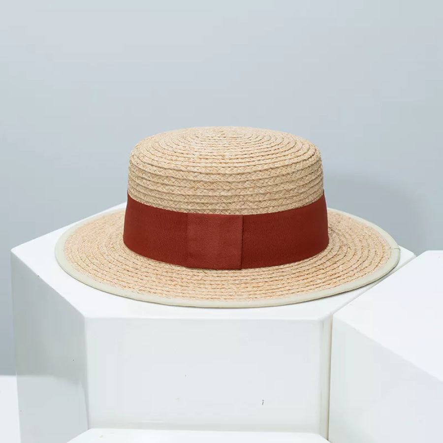 Straw Boater Hat with Contrast Band Burgundy / One Size Apparel and Accessories