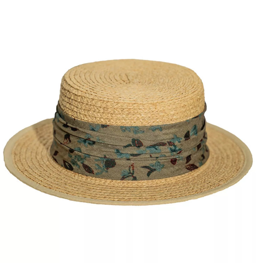 Straw Boater Hat with Printed Band Apparel and Accessories