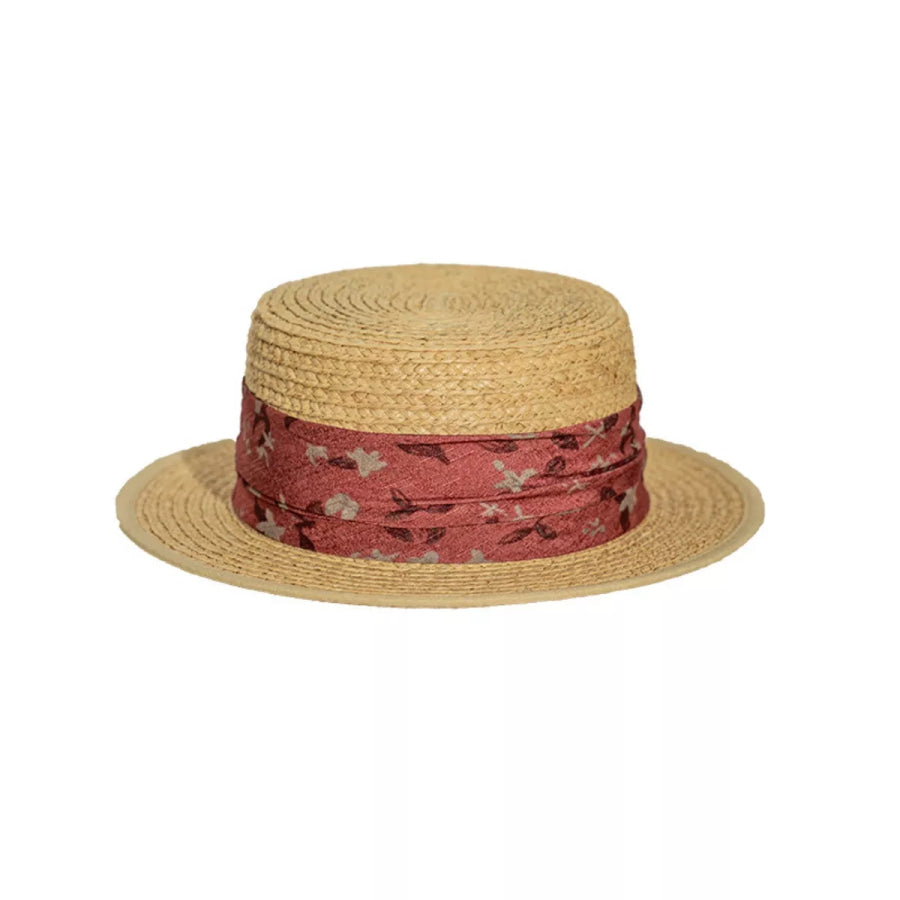 Straw Boater Hat with Printed Band Red / One Size Apparel and Accessories
