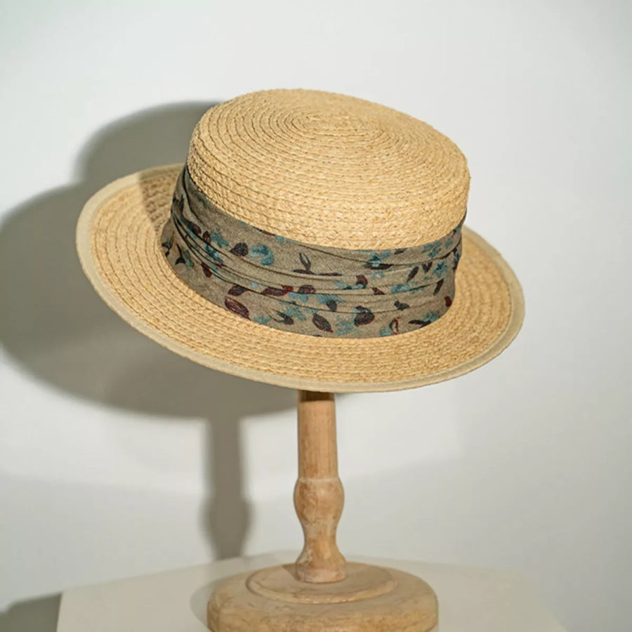 Straw Boater Hat with Printed Band Sage / One Size Apparel and Accessories