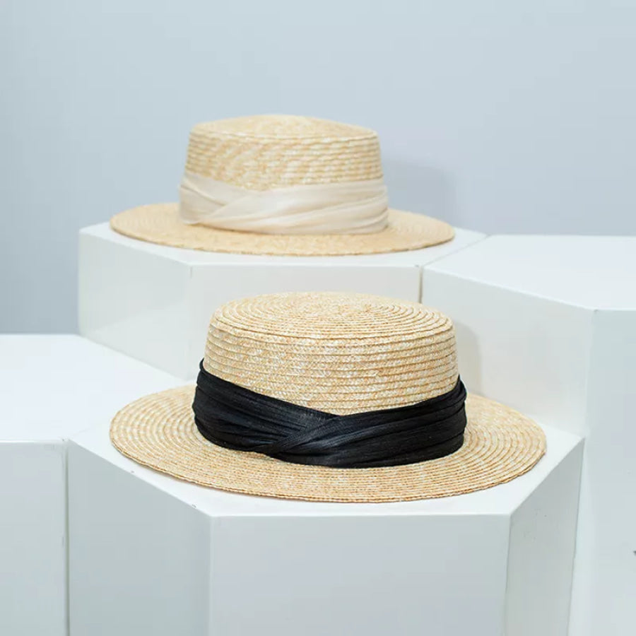 Straw Boater Hat with Ribbon Accent Apparel and Accessories
