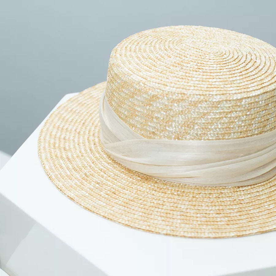 Straw Boater Hat with Ribbon Accent Apparel and Accessories