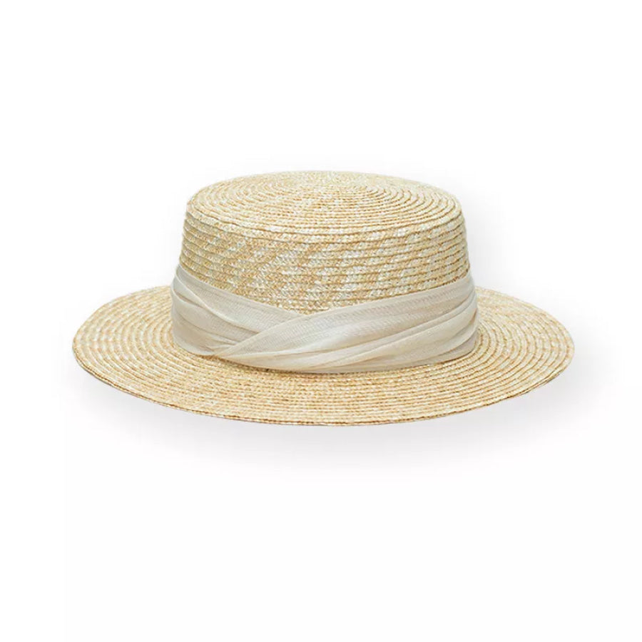 Straw Boater Hat with Ribbon Accent Apparel and Accessories