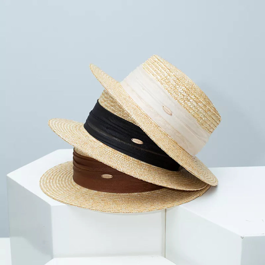 Straw Boater Hat with Ribbon Accent Apparel and Accessories