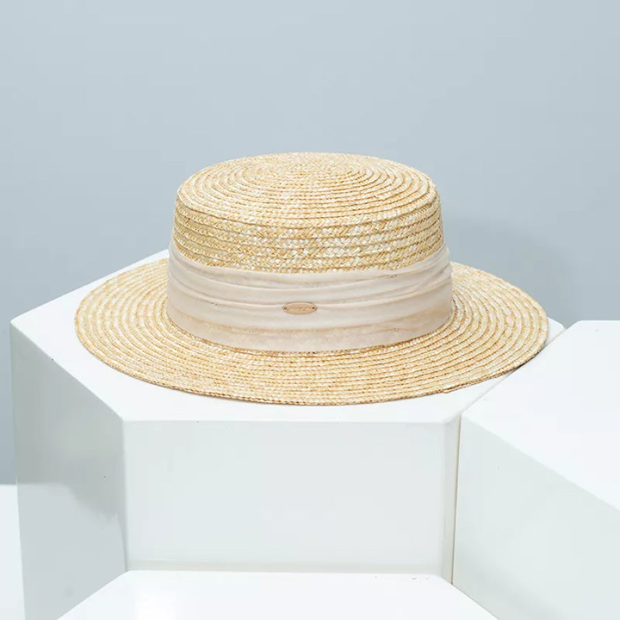 Straw Boater Hat with Ribbon Accent Beige / One Size Apparel and Accessories