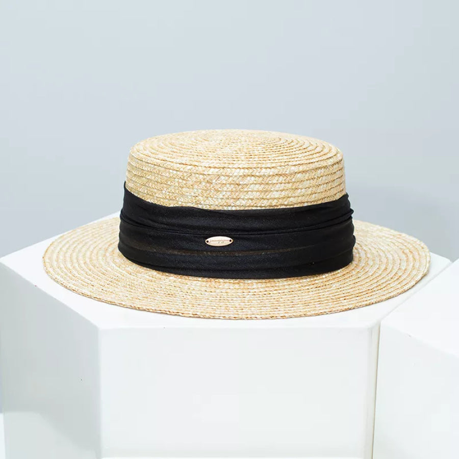 Straw Boater Hat with Ribbon Accent Black / One Size Apparel and Accessories