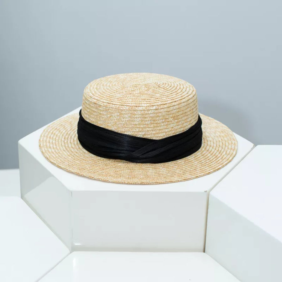 Straw Boater Hat with Ribbon Accent Black / One Size Apparel and Accessories