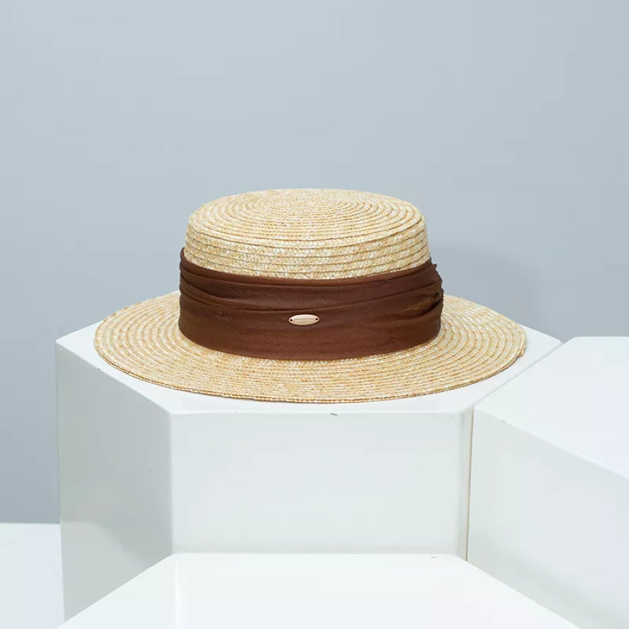 Straw Boater Hat with Ribbon Accent Brown / One Size Apparel and Accessories