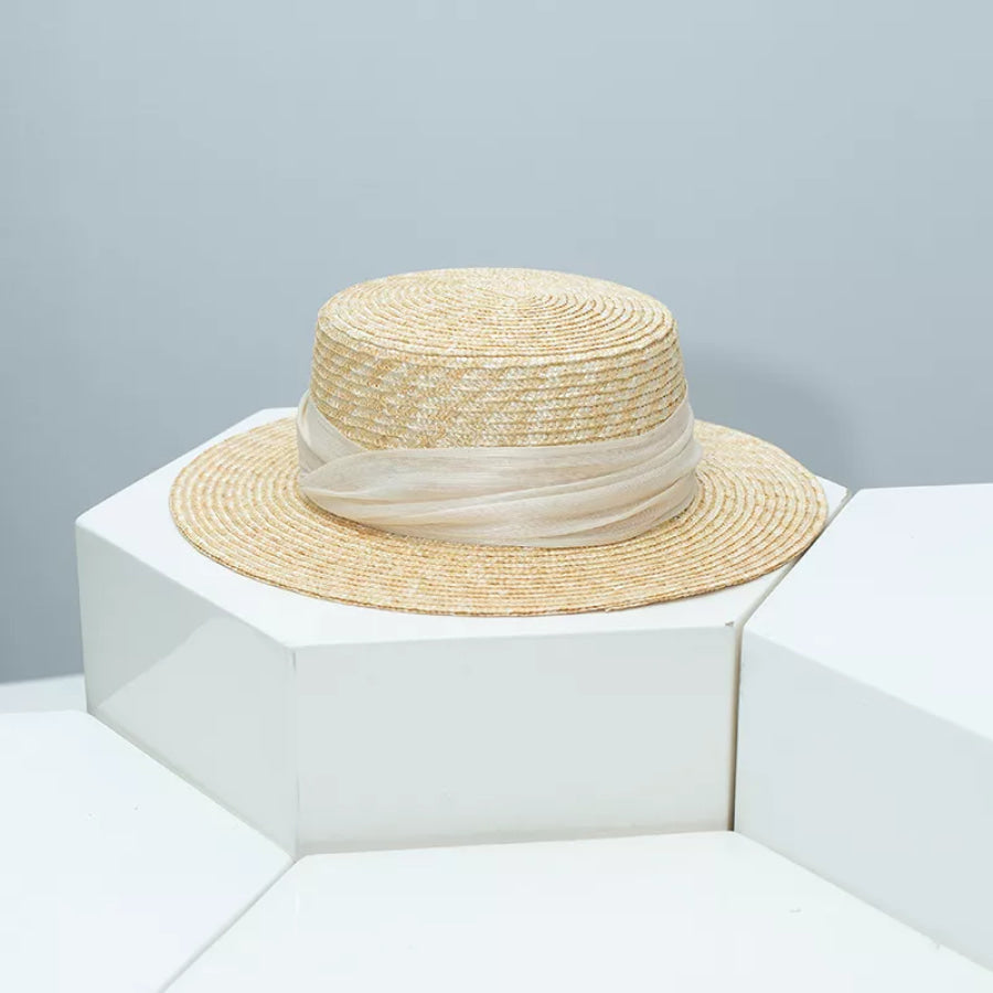 Straw Boater Hat with Ribbon Accent Apparel and Accessories