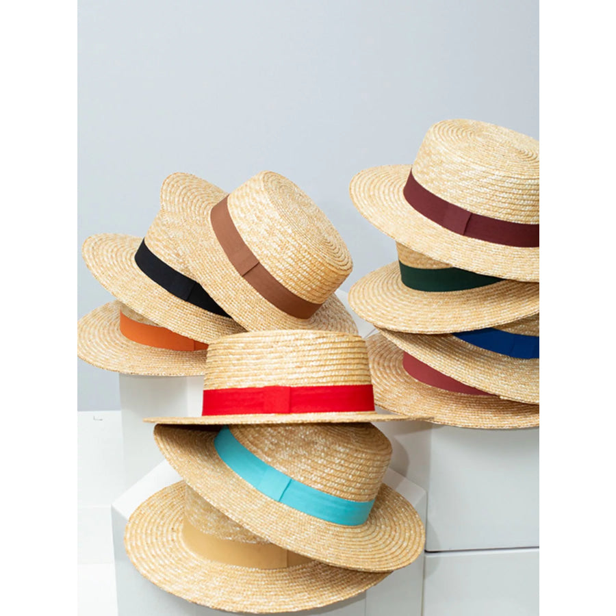 Straw Boater Hat with Ribbon Apparel and Accessories