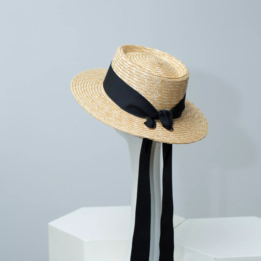 Straw Boater Hat with Ribbon Black / One Size Apparel and Accessories