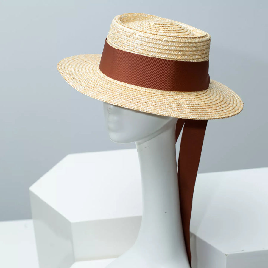 Straw Boater Hat with Ribbon Coffee / One Size Apparel and Accessories