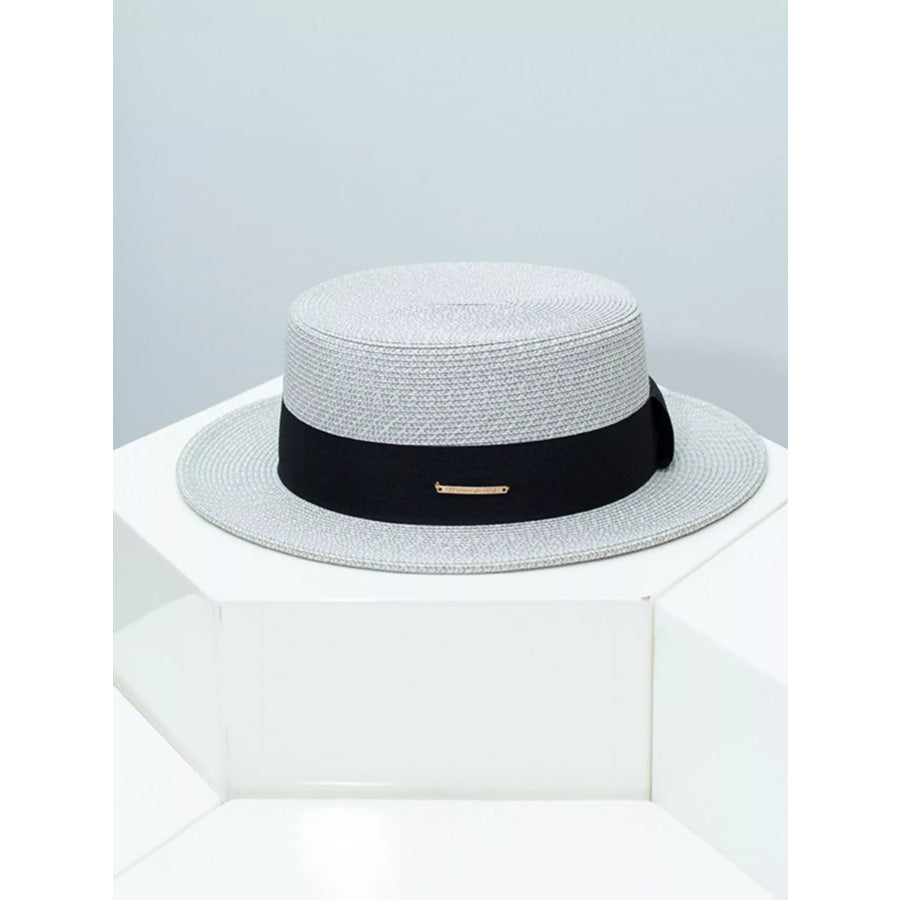 Straw Boater Hat with Ribbon Gray / One Size Apparel and Accessories