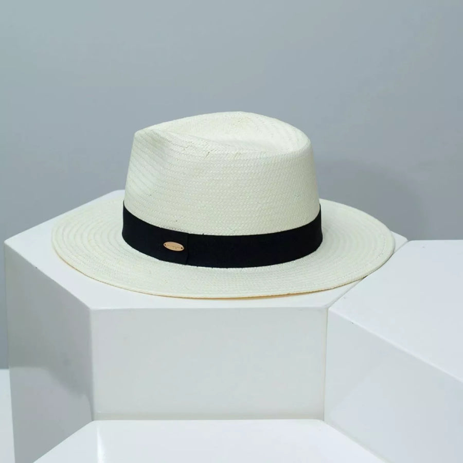 Straw Boater Hat with Ribbon Ivory White / One Size Apparel and Accessories