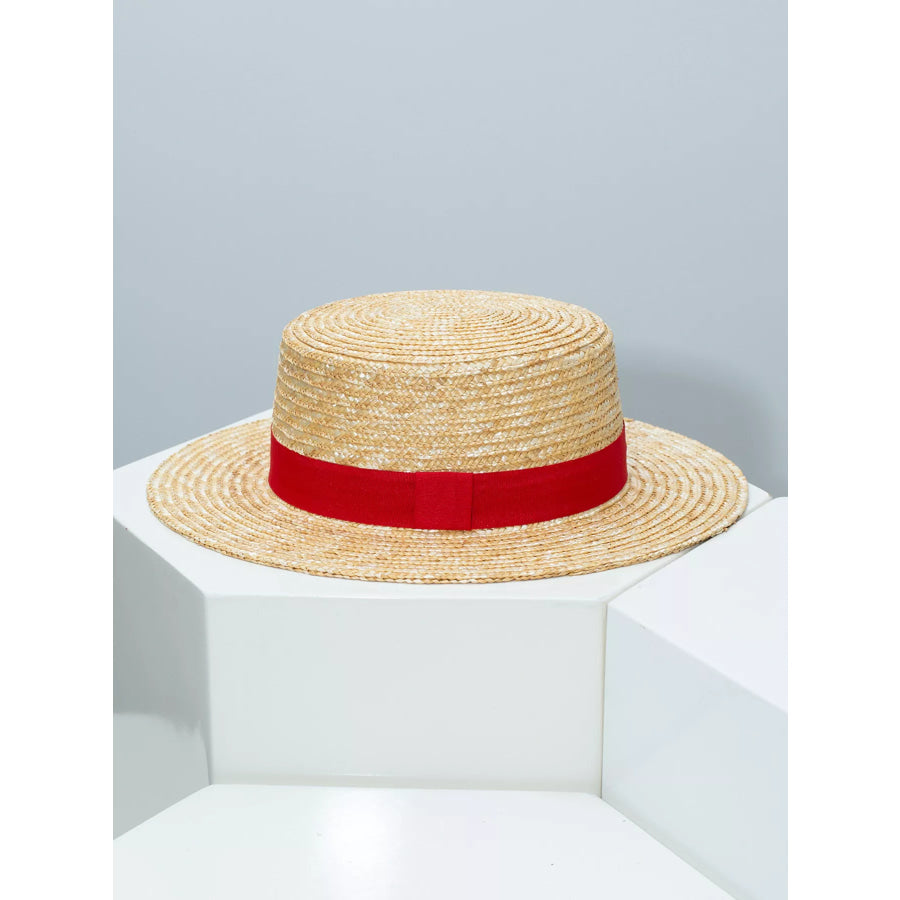 Straw Boater Hat with Ribbon Red / One Size Apparel and Accessories