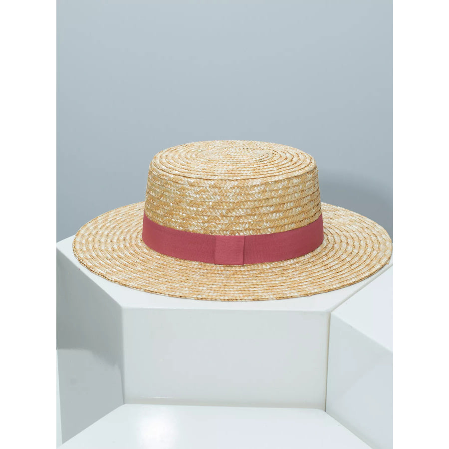 Straw Boater Hat with Ribbon Rose Red / One Size Apparel and Accessories