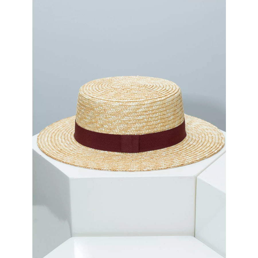 Straw Boater Hat with Ribbon Wine Red / One Size Apparel and Accessories
