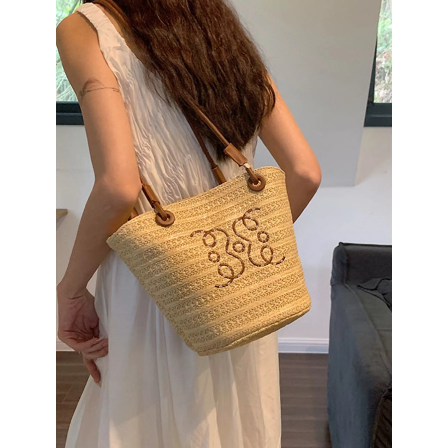 Straw Bucket Shoulder Bag Khaki / One Size Apparel and Accessories
