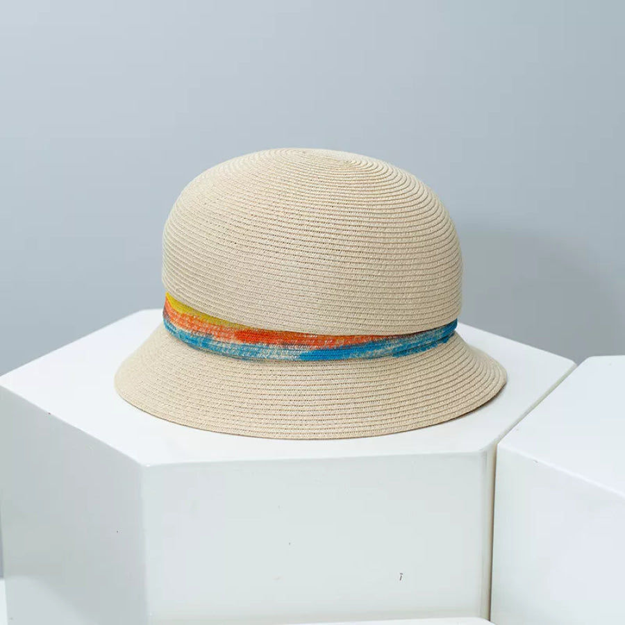 Straw Cloche Hat with Colorful Band Beige / One Size Apparel and Accessories