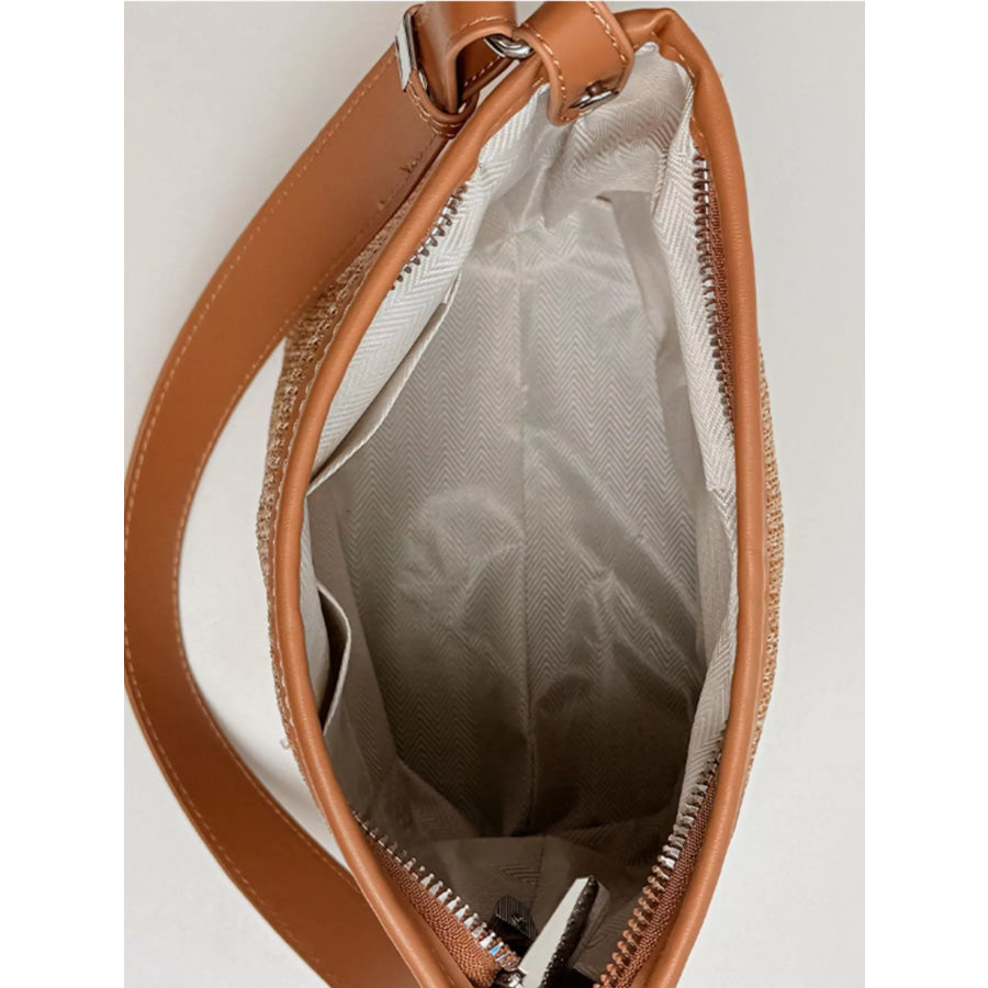 Straw Crossbody Bag with Leather Trim and Tassel Charm Camel / One Size Apparel and Accessories