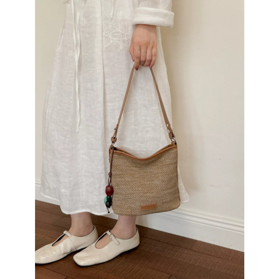 Straw Crossbody Bag with Leather Trim and Tassel Charm Camel / One Size Apparel and Accessories