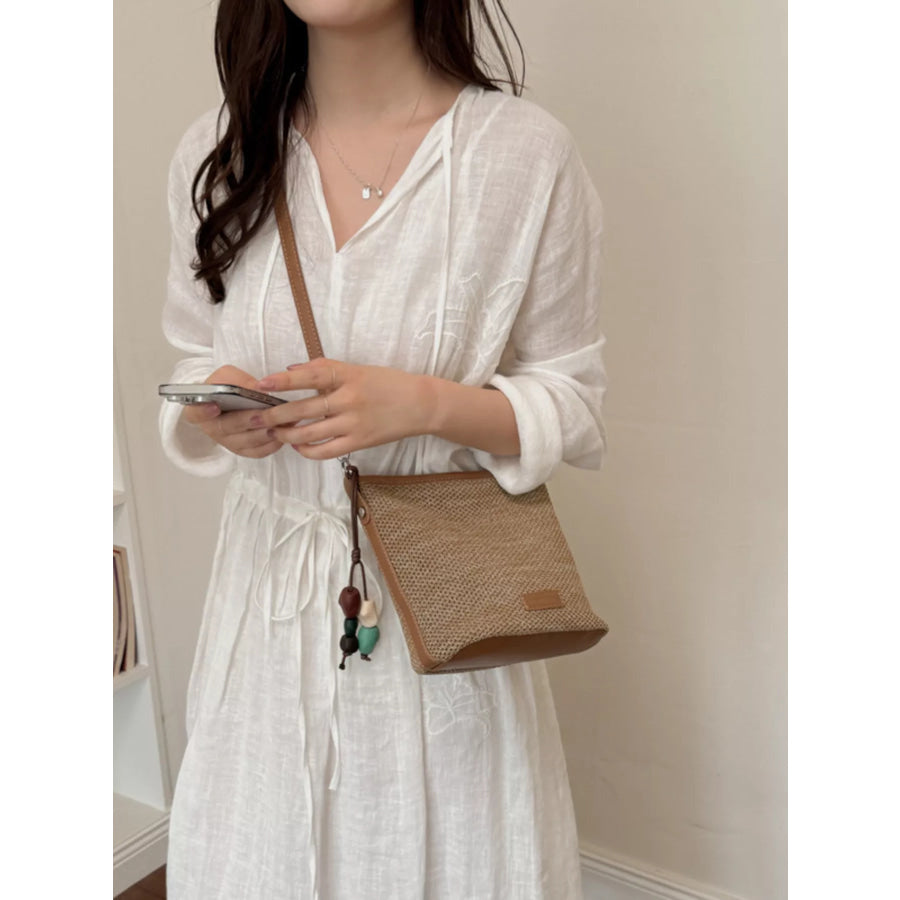 Straw Crossbody Bag with Leather Trim and Tassel Charm Camel / One Size Apparel and Accessories