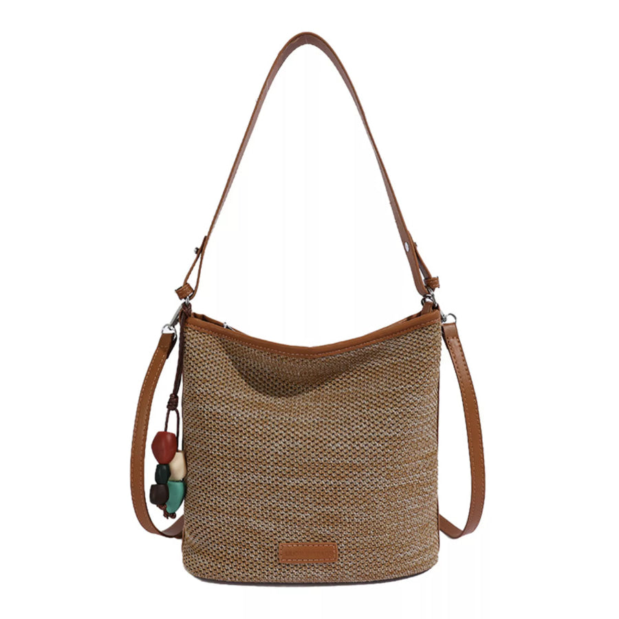 Straw Crossbody Bag with Leather Trim and Tassel Charm Camel / One Size Apparel and Accessories