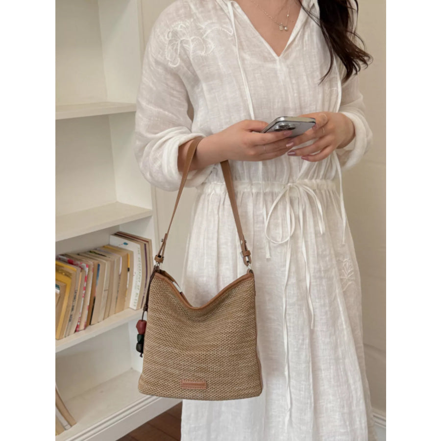 Straw Crossbody Bag with Leather Trim and Tassel Charm Camel / One Size Apparel and Accessories