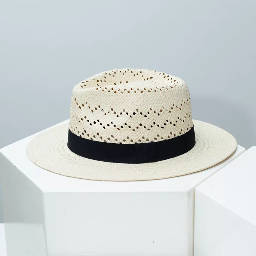 Straw Hat with Ribbon Accent Black / One Size Apparel and Accessories