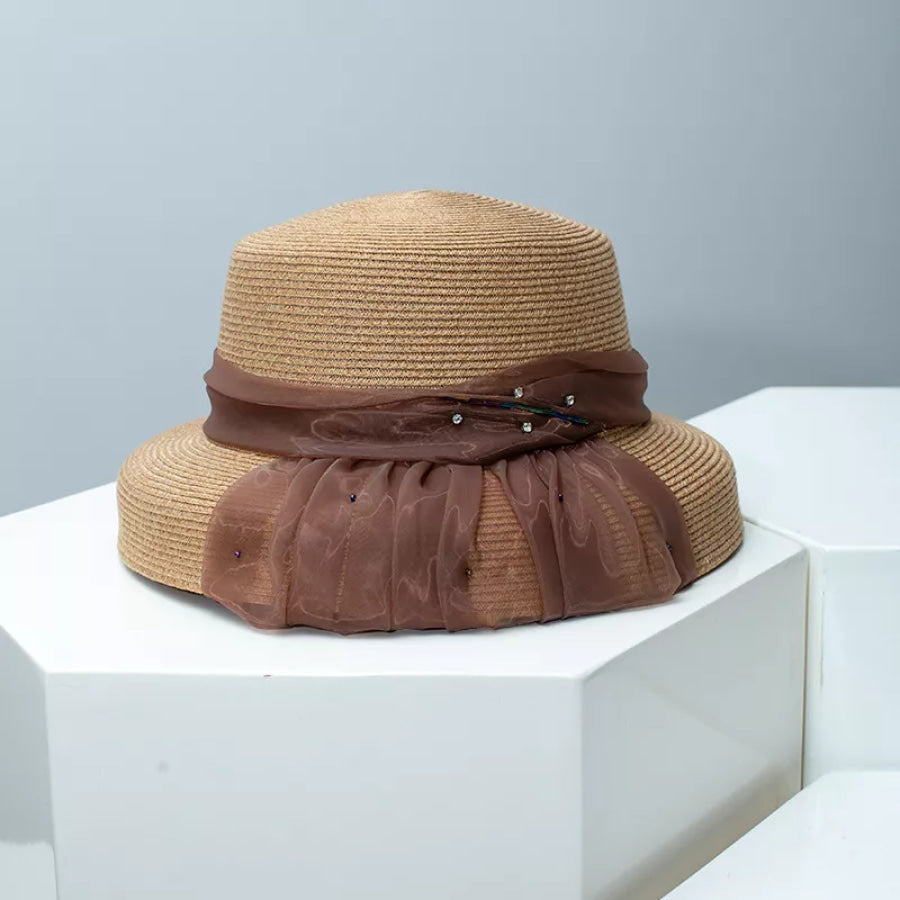 Straw Hat with Ribbon Beige / One Size Apparel and Accessories