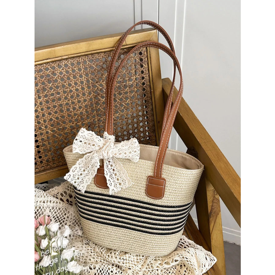 Straw Shoulder Bag with Lace Bow Apparel and Accessories