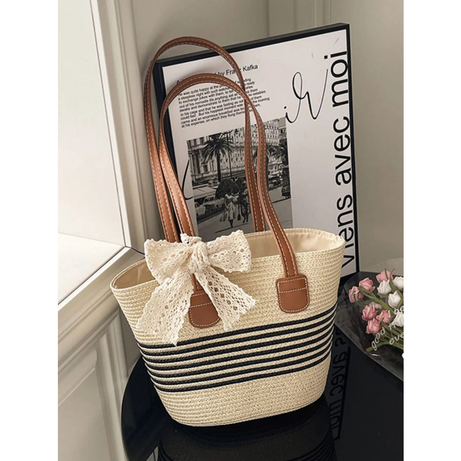 Straw Shoulder Bag with Lace Bow Black / One Size Apparel and Accessories