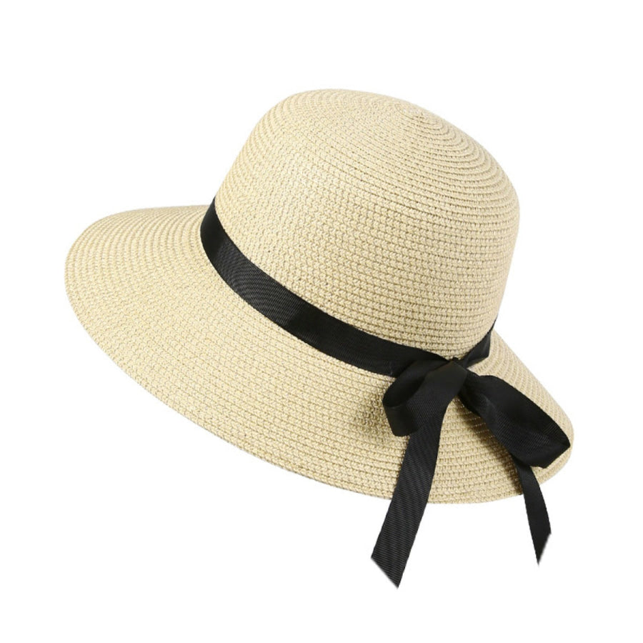 Straw Sun Hat with Bow Beige / One Size Apparel and Accessories