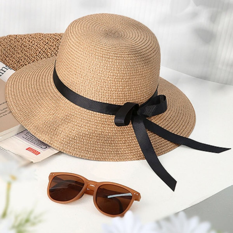 Straw Sun Hat with Bow Khaki / One Size Apparel and Accessories