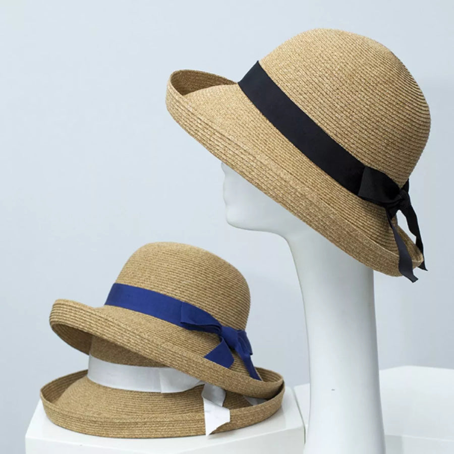 Straw Sun Hat with Ribbon Accent Apparel and Accessories