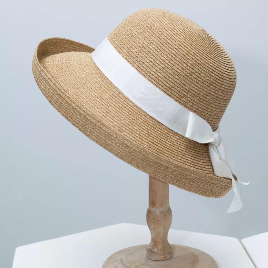 Straw Sun Hat with Ribbon Accent Apparel and Accessories
