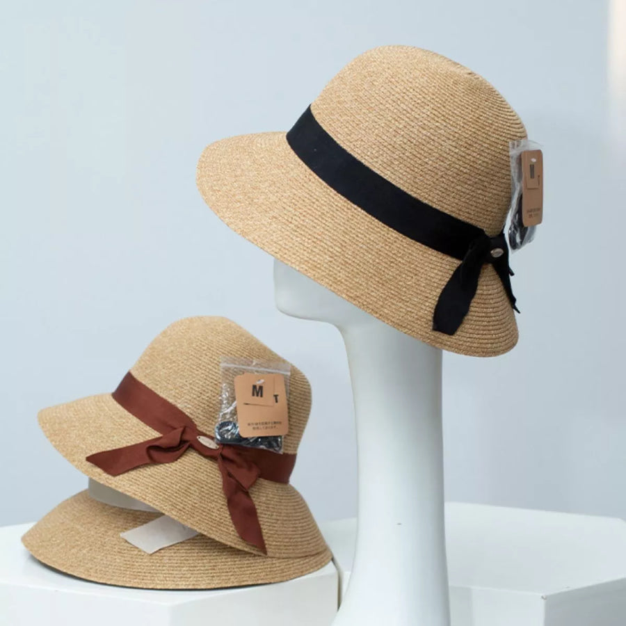 Straw Sun Hat with Ribbon Accent Apparel and Accessories
